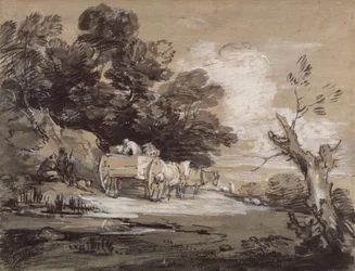 Paysage boisé avec charrette de campagne et figures, vers 1785-88